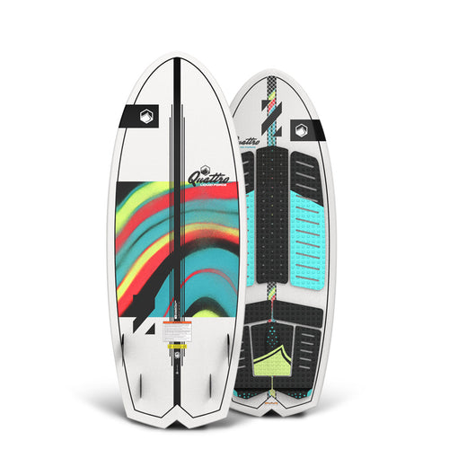 Front and back of the Quattro Quad 4'4" wakesurfer with white base, rainbow accents, and aqua traction pads.