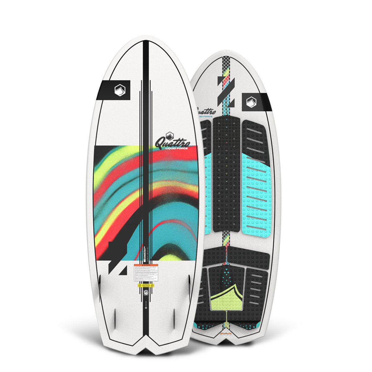 Front and back of the Quattro Quad 4'8" wakesurfer with white base, rainbow accents, and aqua traction pads.