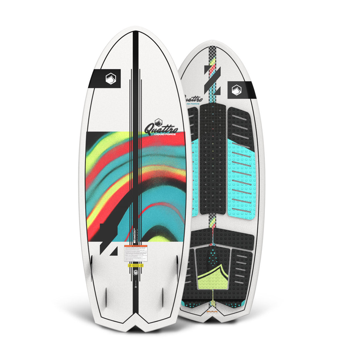 Front and back of the Quattro Quad 5'0" wakesurfer with white base, rainbow accents, and aqua traction pads.