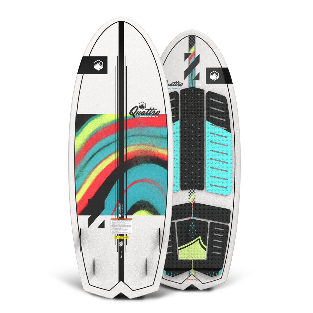 Front and back of the Quattro Quad 5'4" wakesurfer with white base, rainbow accents, and aqua traction pads.