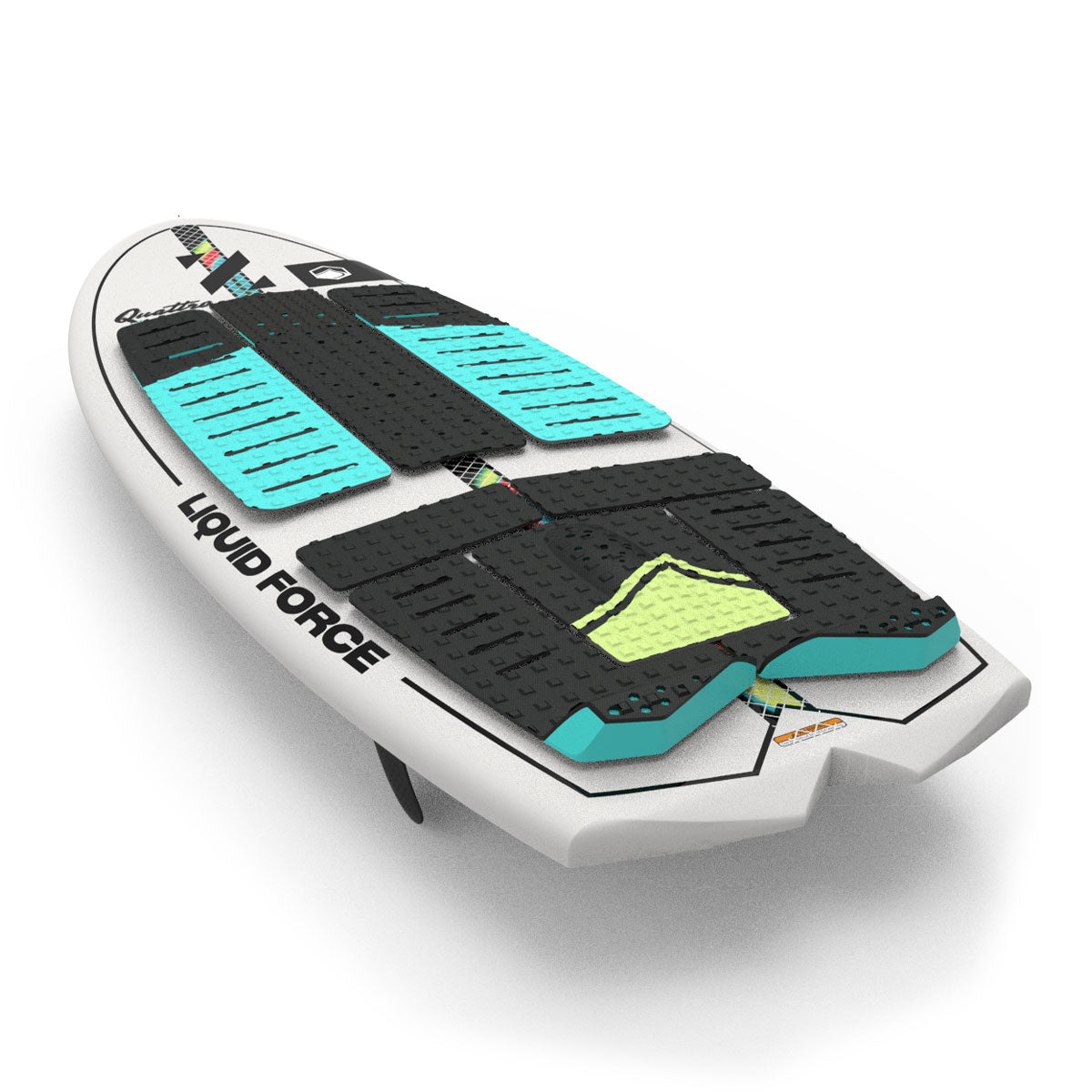 Angled view of Quattro Quad board deck showing black and teal traction pads with yellow accents.