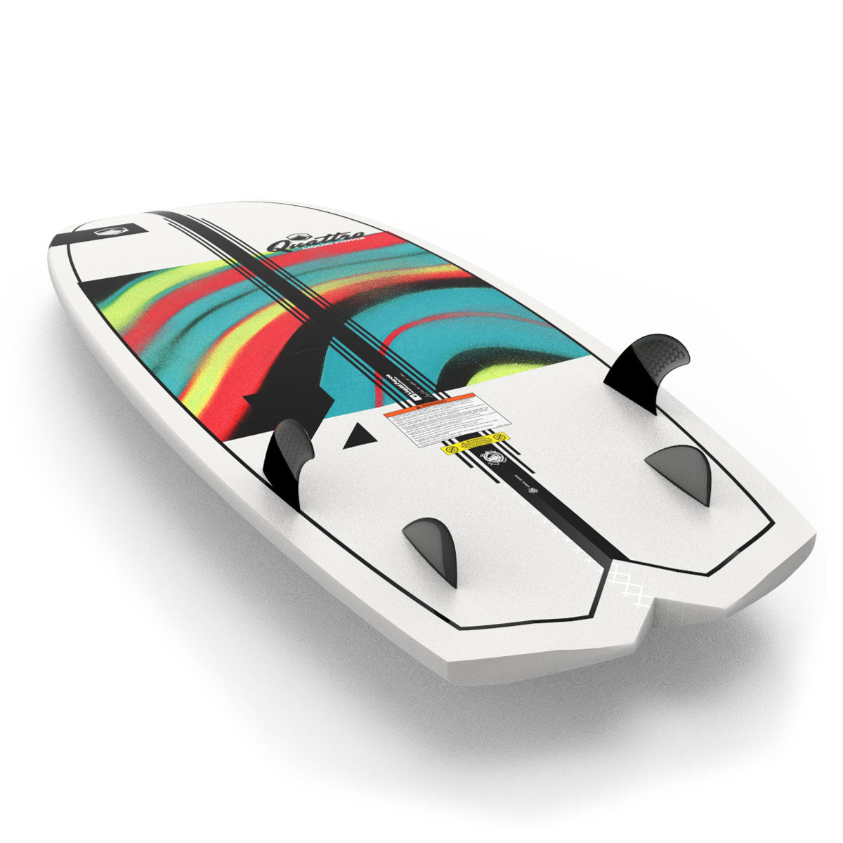 Bottom view of Quattro Quad board featuring colorful abstract graphics and quad fin setup.