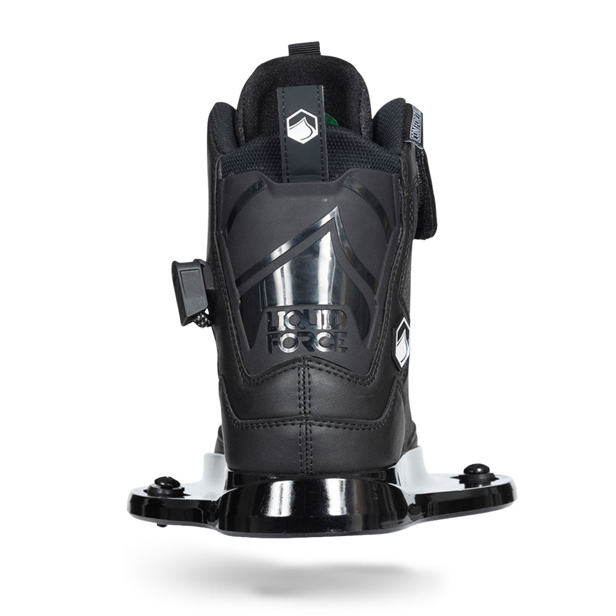 Back view of Rant 6R black binding with logo on heel.