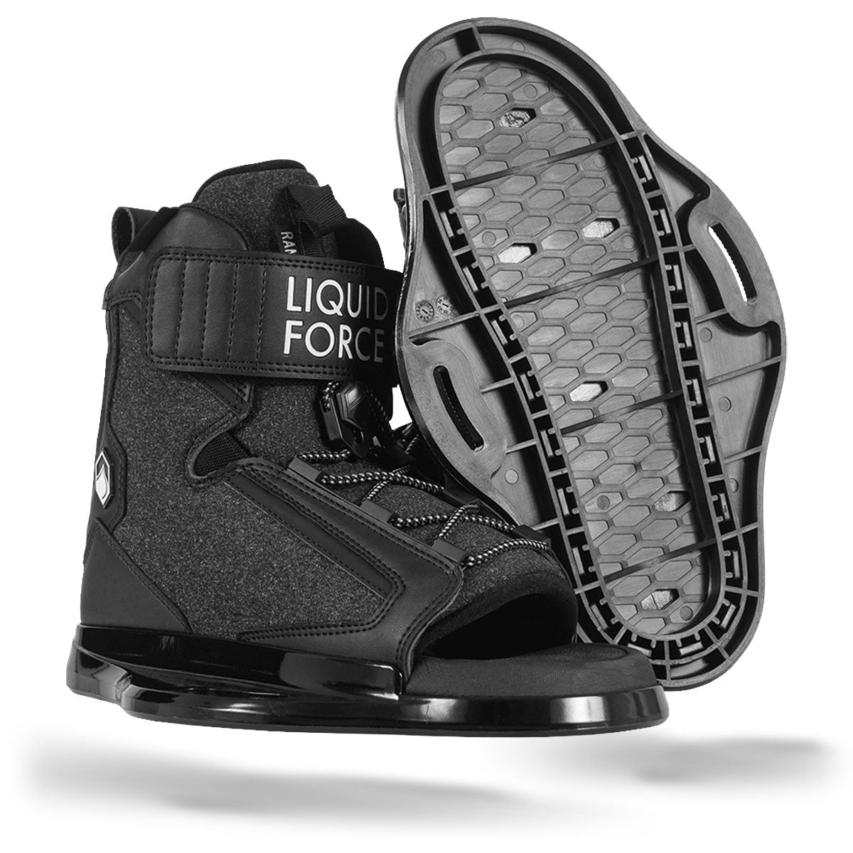 Angled side view of Rant 6R black binding with strap and laces.