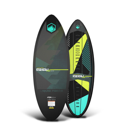Base and top of the Reign Pro 52" wakesurfer with black base, teal and yellow geometric accents, and traction pads.