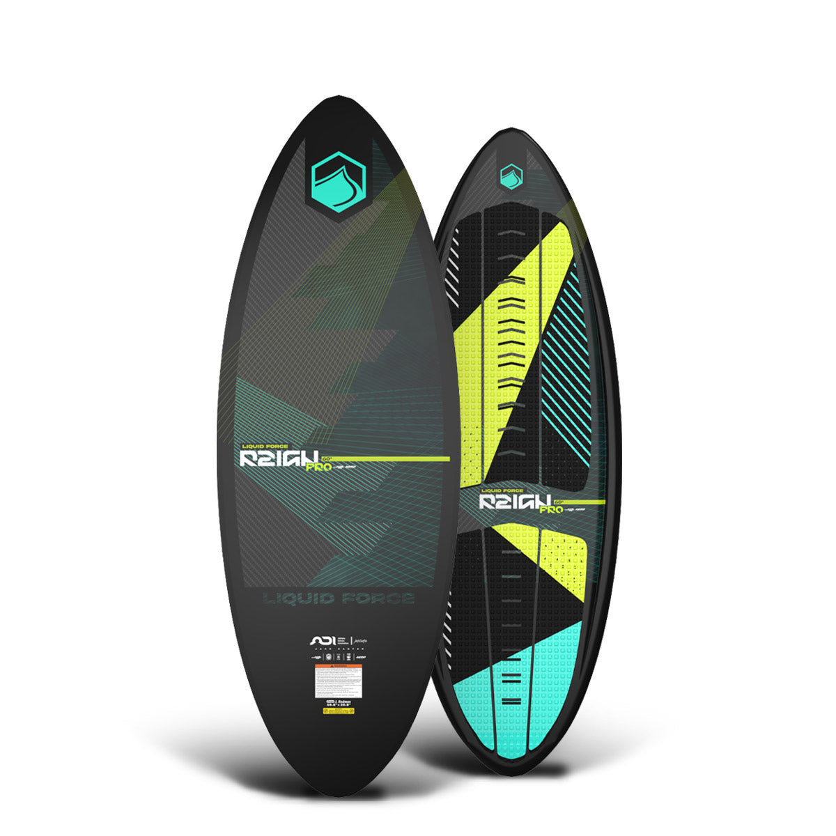 Base and top of the Reign Pro 52" wakesurfer with black base, teal and yellow geometric accents, and traction pads.