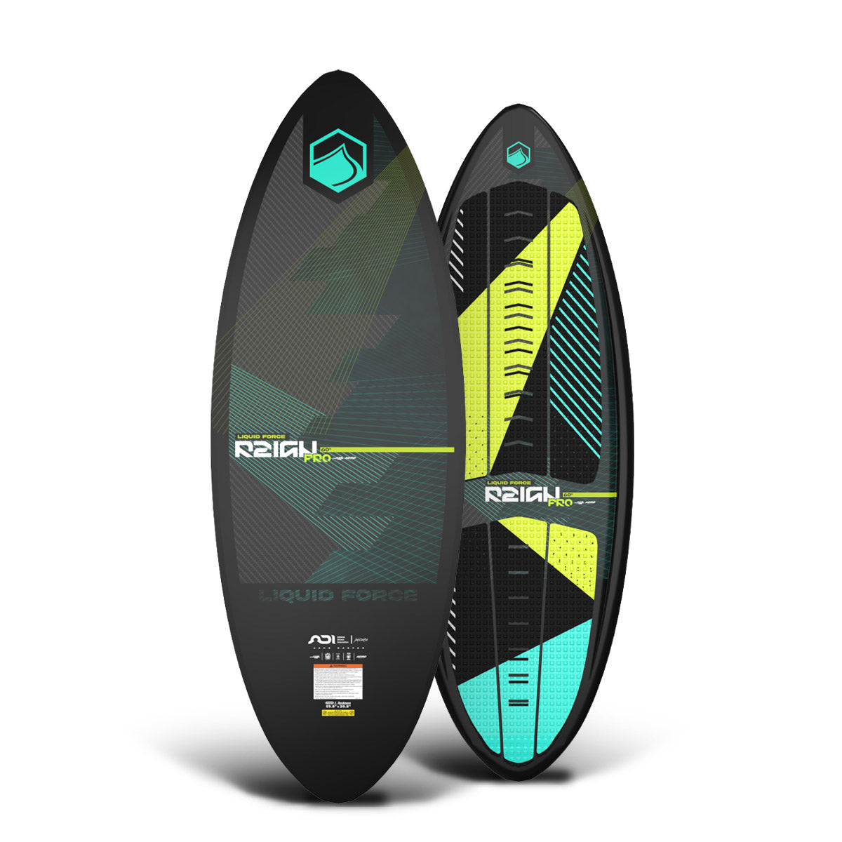 Base and top of the Reign Pro 56" wakesurfer with black base, teal and yellow geometric accents, and traction pads.