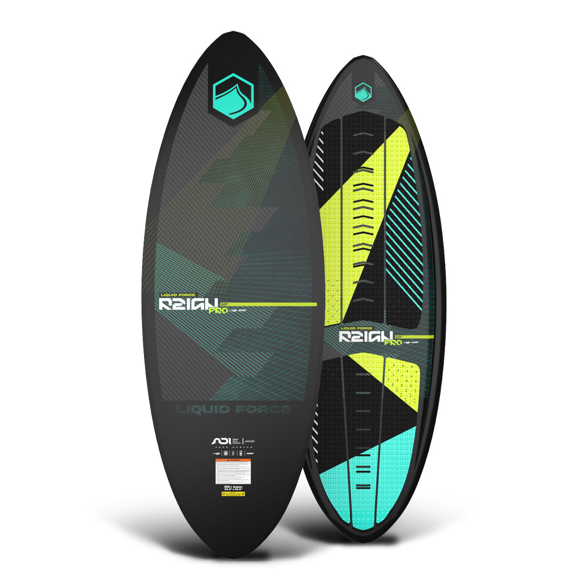 Base and top of the Reign Pro 60" wakesurfer with black base, teal and yellow geometric accents, and traction pads.