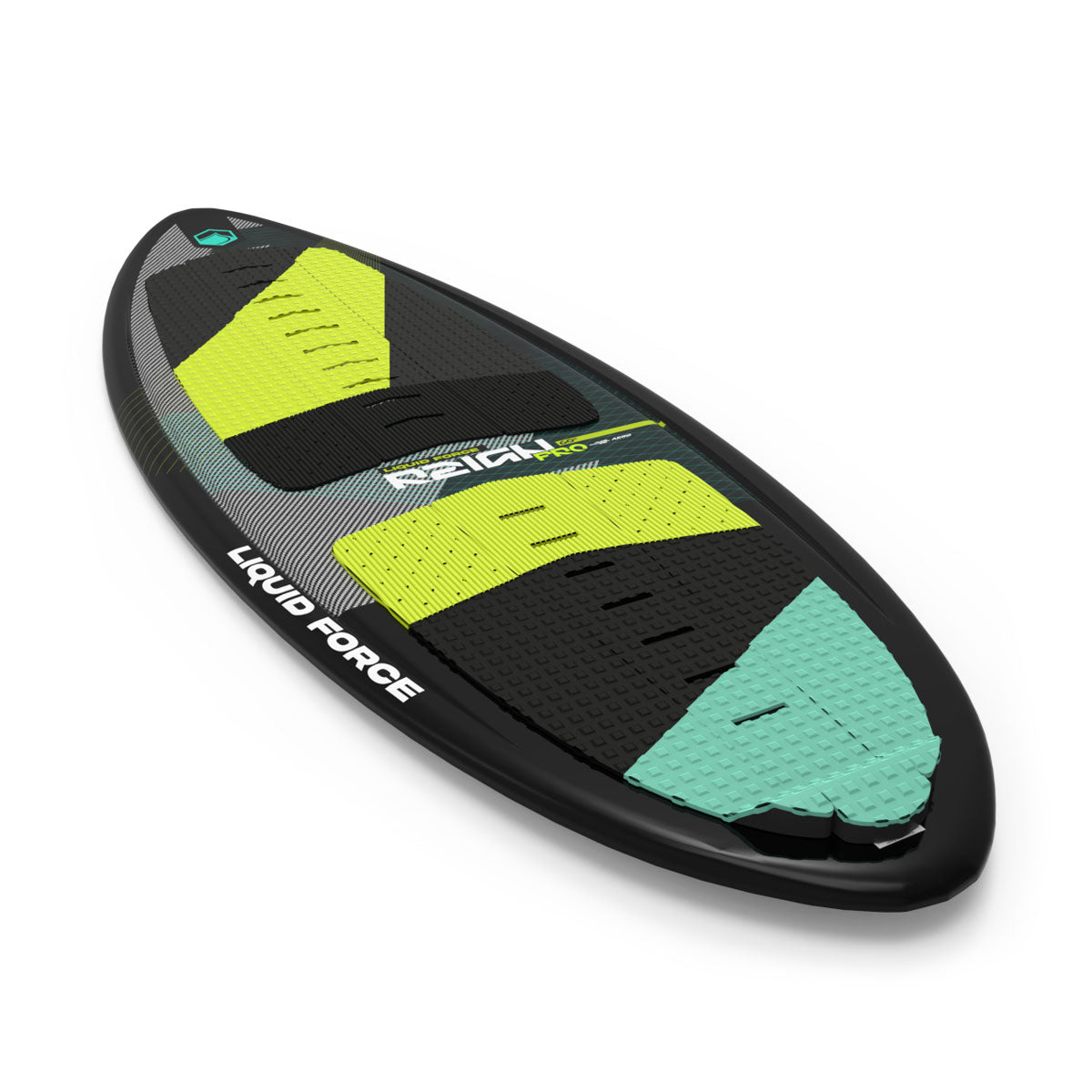 Angled view of Reign Pro board deck showing black, lime, and teal traction pads.