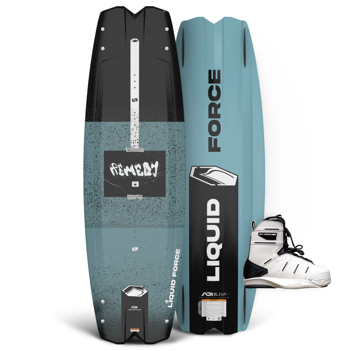 Top and base view of Remedy wakeboard with teal and black design and white AERO 6X bindings.