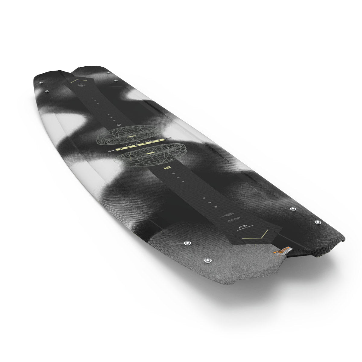 Angled top view of the Remedy AERO LTD wakeboard with black and white graphics.
