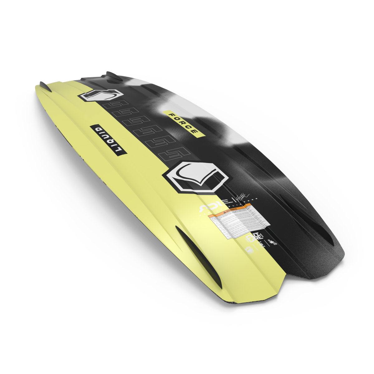 Angled base view of the Remedy AERO LTD wakeboard with yellow and black graphics.