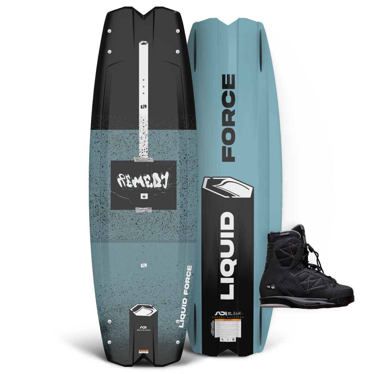 Front and back of Remedy wakeboard with teal and black design shown beside black Rival 6X bindings.