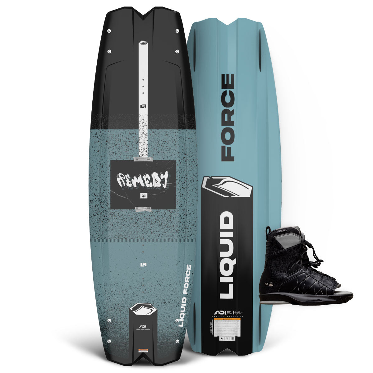 Front and back of Remedy wakeboard with teal and black design shown beside black Transit 6X bindings.