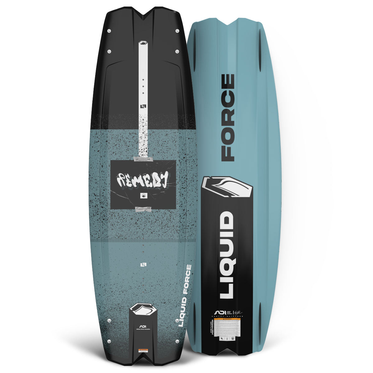 Front and base view of the Remedy wakeboard in blue and black with white accents.
