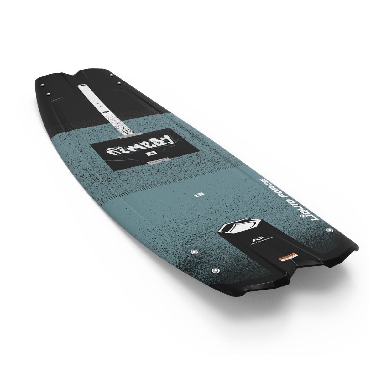 Top angled view of the Remedy wakeboard in blue and black with white accents.