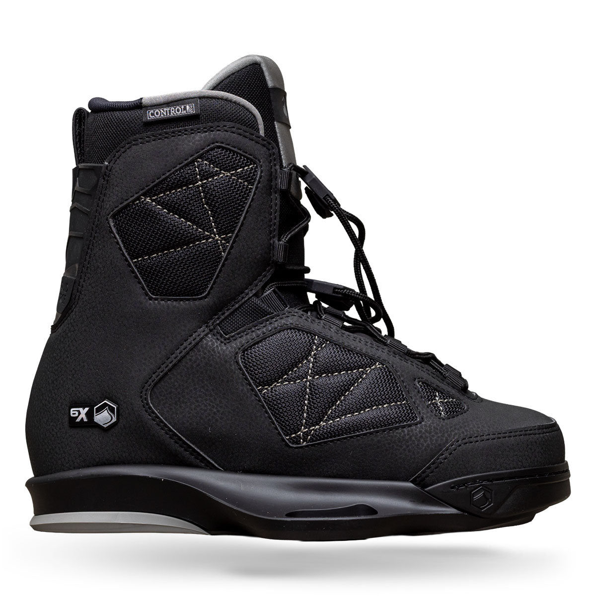 Side view of Rival 6X binding in black with stitched panels and lace closure.