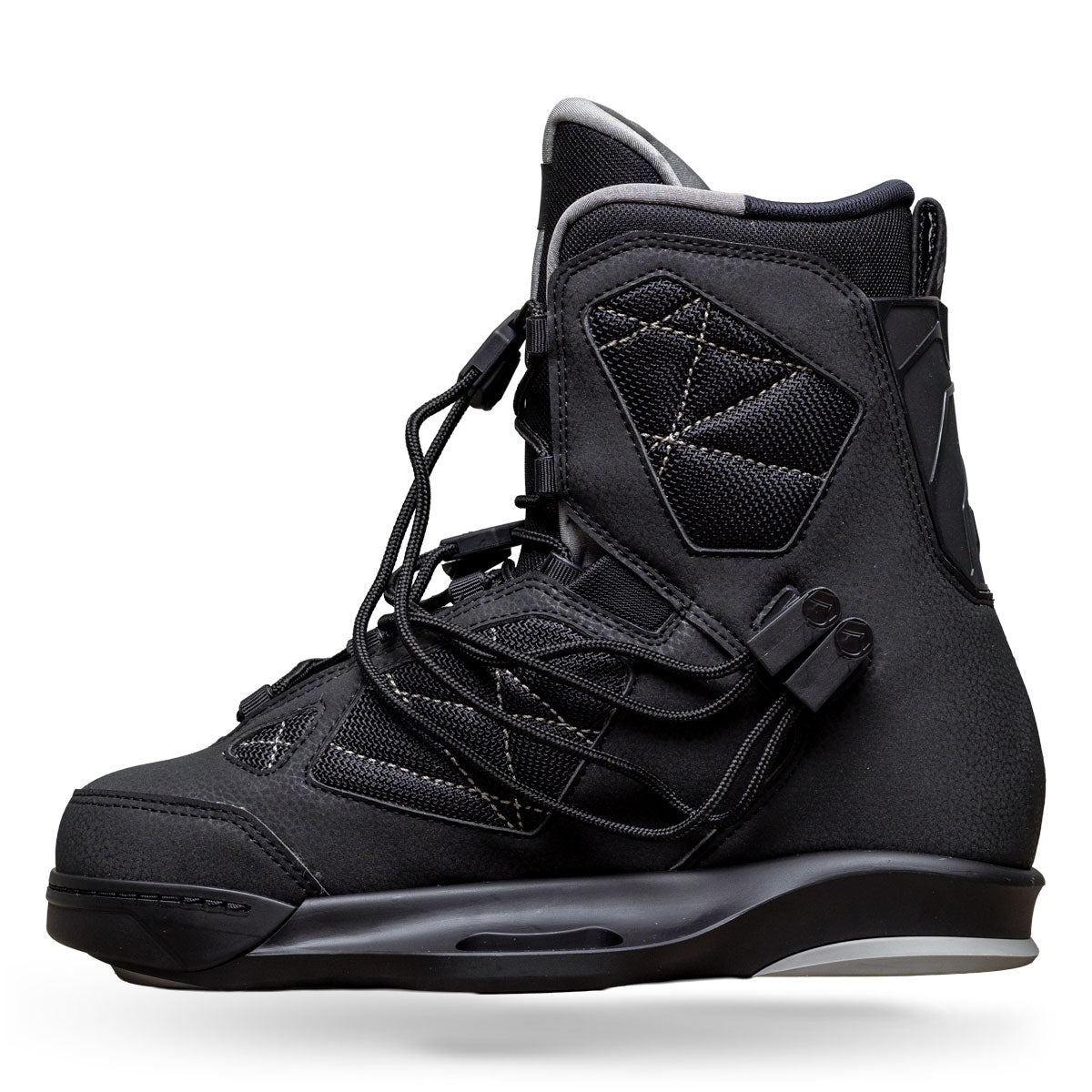 Side view of Rival 6X binding in black with stitched panels and lace closure.