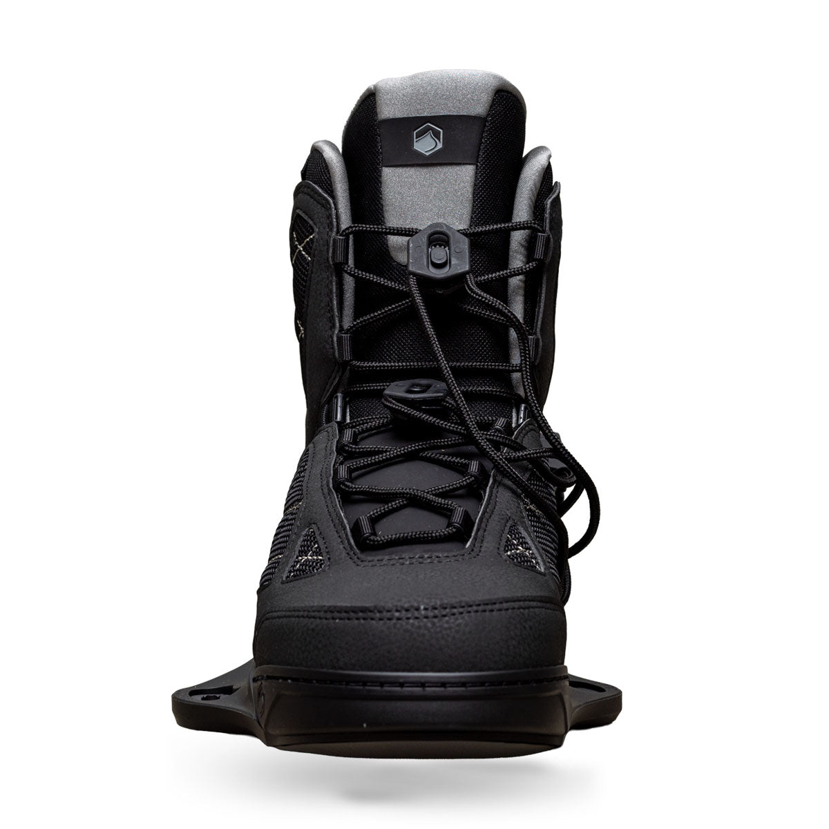 Front view of Rival 6X binding in black with lace-up design and stitched panels.