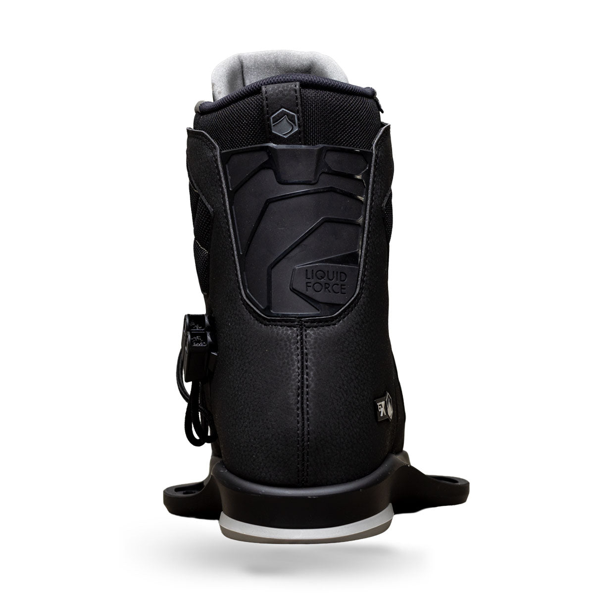 Back view of Rival 6X binding in black with padded heel and logo detail.