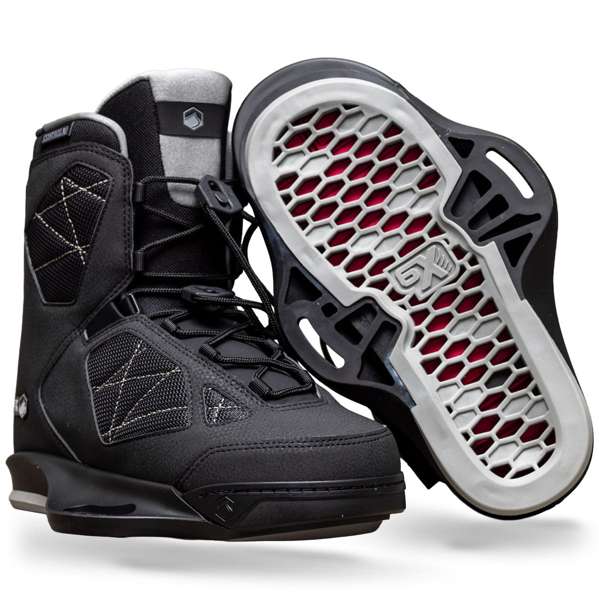 Angled view of Rival 6X binding in black with white sole and red footbed detail.