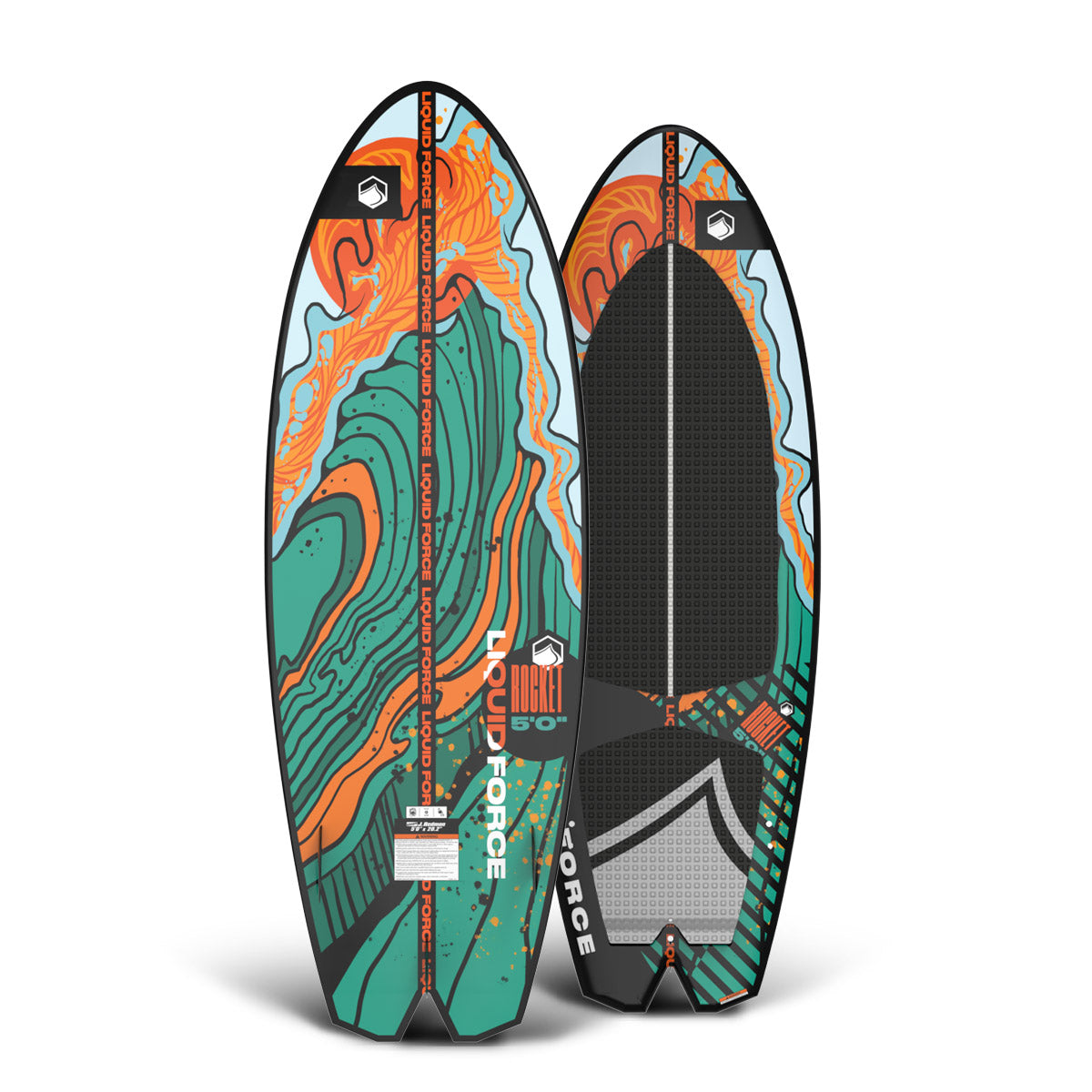 Front and back view of the Rocket BLEM wakesurfer with bold green, orange, and black graphics.