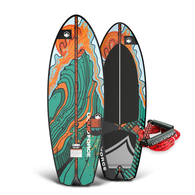 Top and base view of Rocket wakesurf board with teal and orange design and red tow rope.