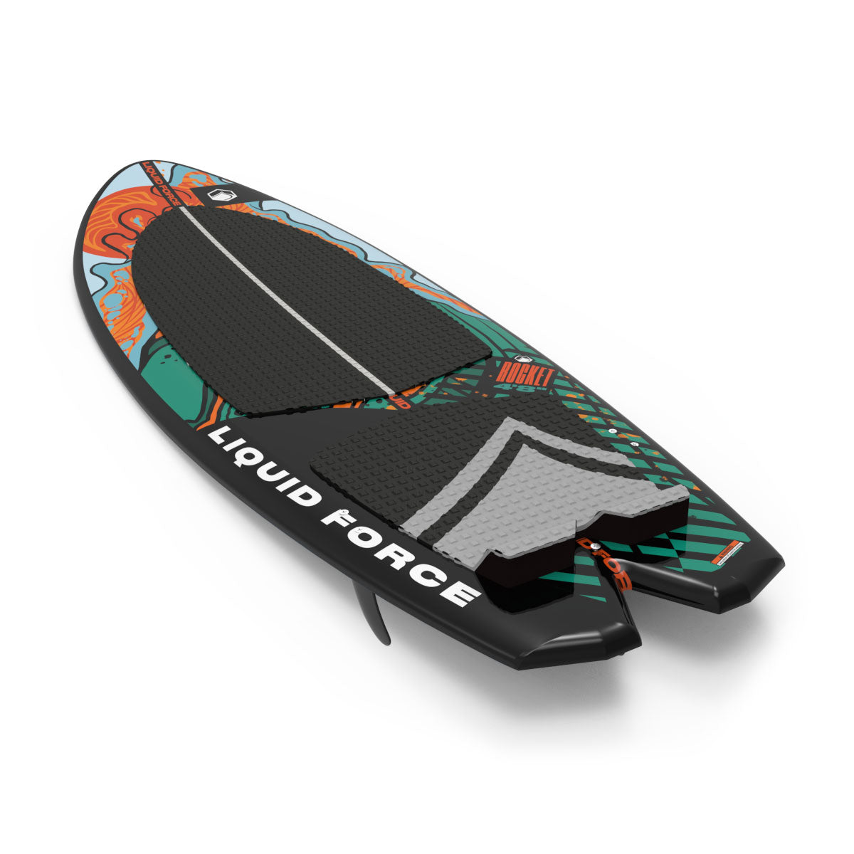 Angled view of Rocket Combo wakesurf board showing black traction pad and vibrant deck art.