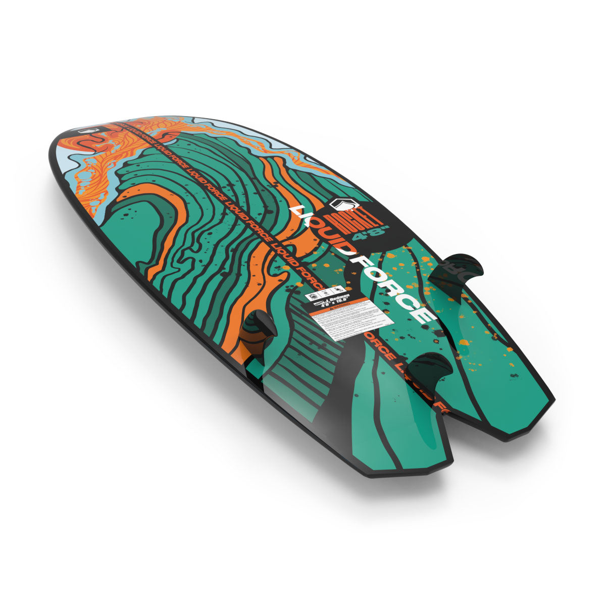 Underside view of Rocket Combo wakesurf board with triple fins and teal wave pattern.