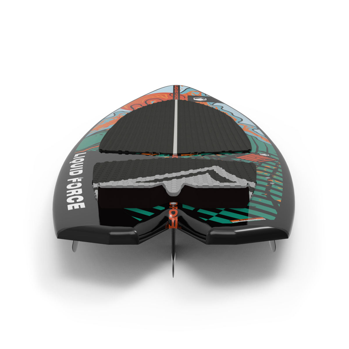 Rear view of Rocket Combo wakesurf board showing split tail and black traction pad.