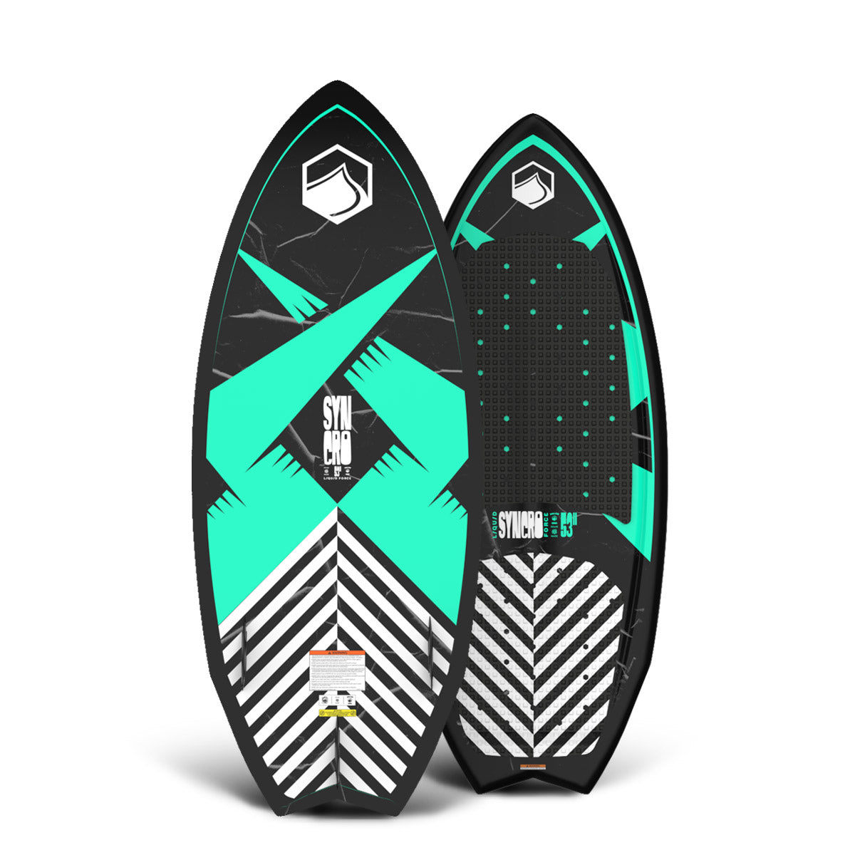 Front and back view of Syncro 53" board featuring teal geometric design and striped tail.