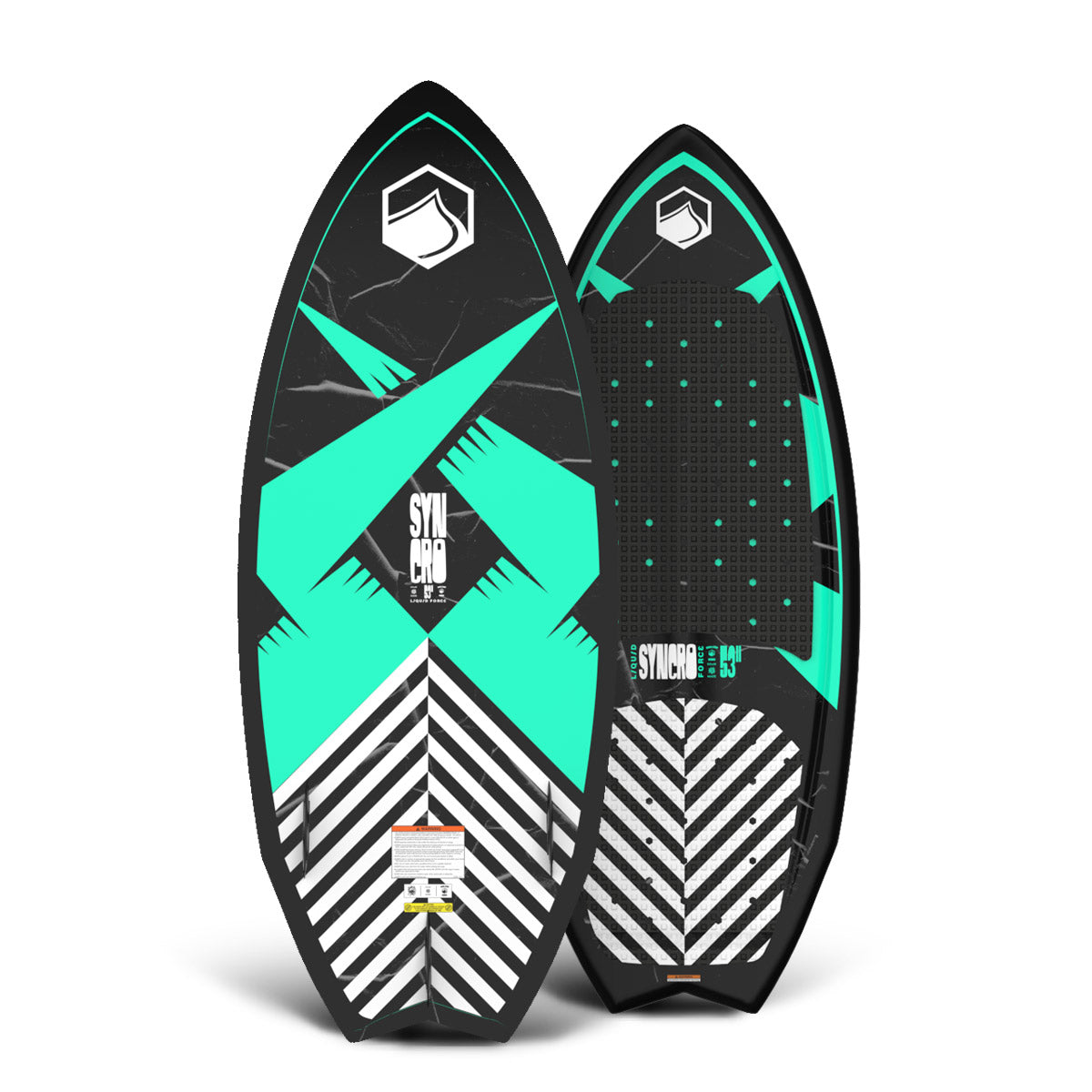 Front and back view of Syncro 53" board featuring teal geometric design and striped tail.