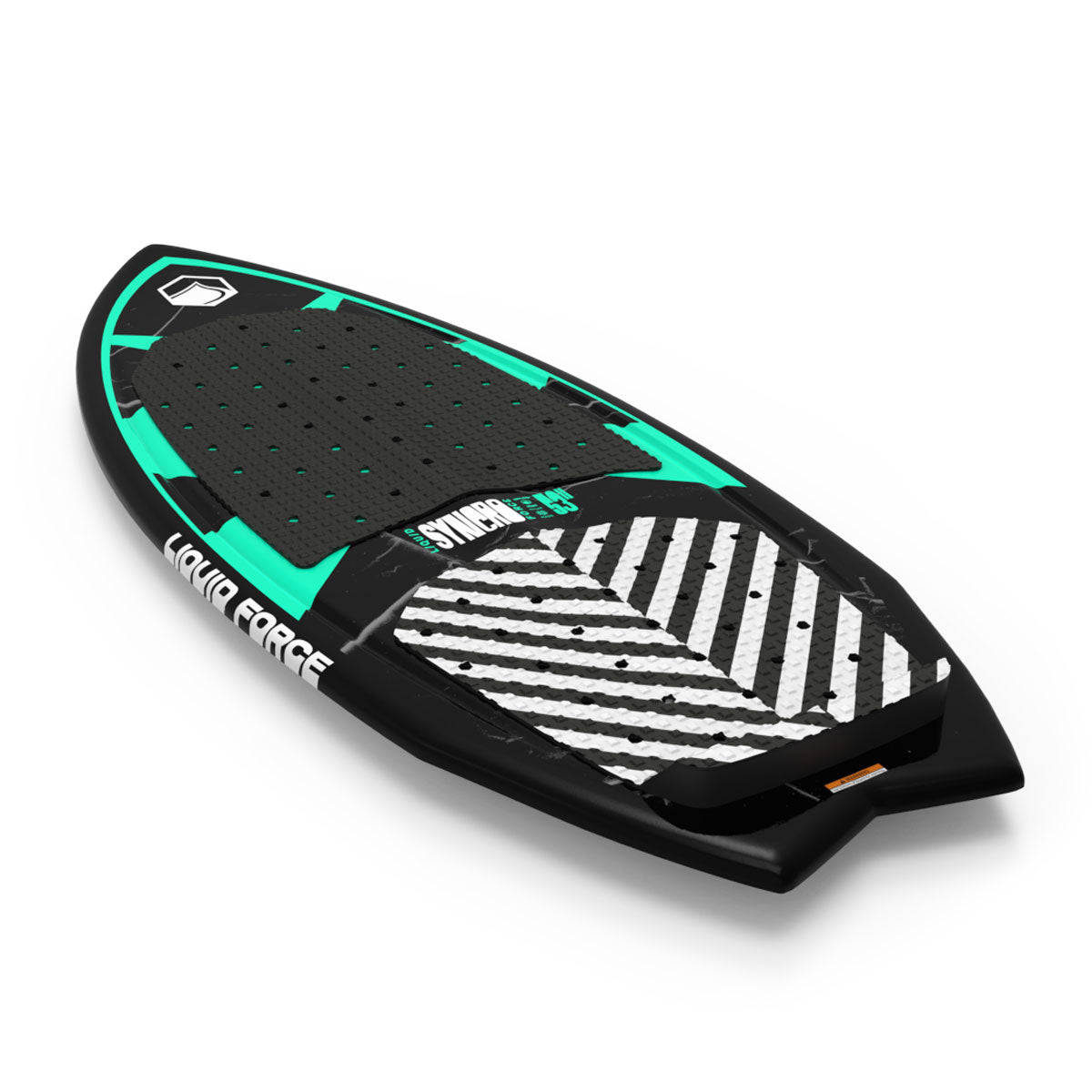 Angled view of Syncro deck featuring striped traction pads and teal accents.