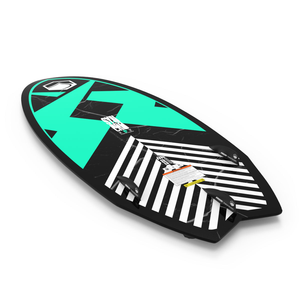 Bottom view of Syncro board showing teal geometric pattern with tri-fin setup.