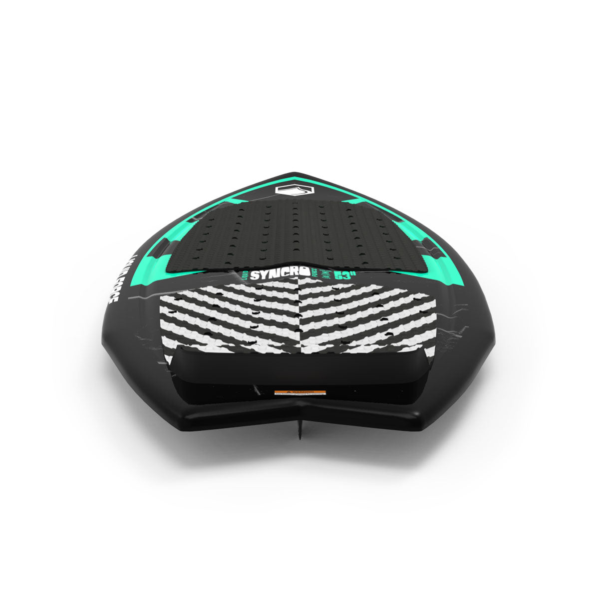 Rear view of Syncro board deck with black and teal traction pads and angled tail.