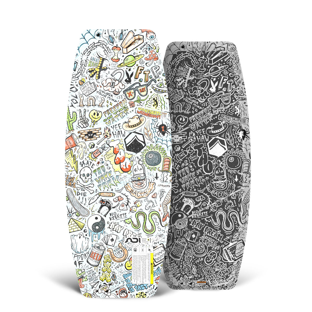 Front and back of 41" TAO Skate wakeskate featuring colorful and black doodle art graphics.