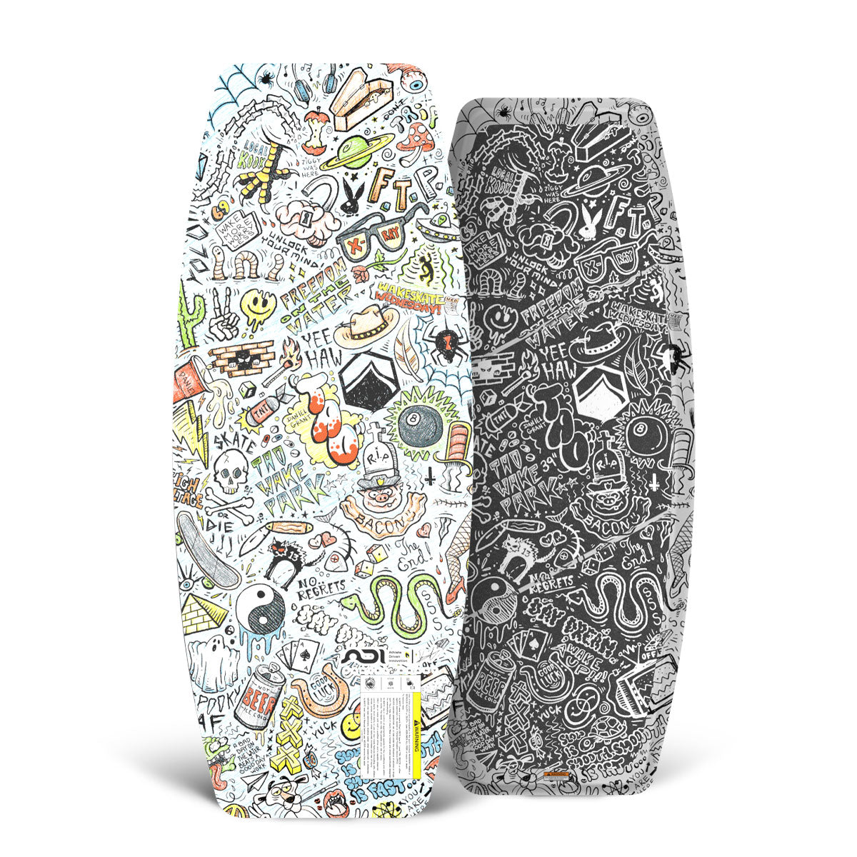 Front and back of 41" TAO Skate wakeskate featuring colorful and black doodle art graphics.