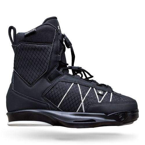 Side view of TAO 6X binding in black with quilted panels and white accent stitching.