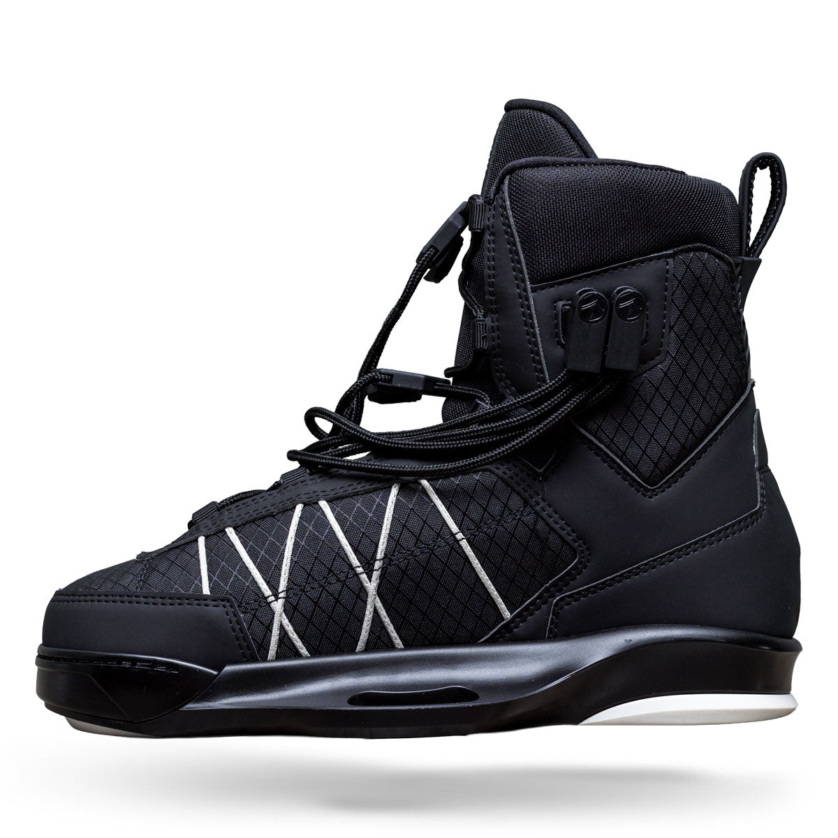 Opposite side view of TAO 6X binding in black with quilted panels and white stitching.