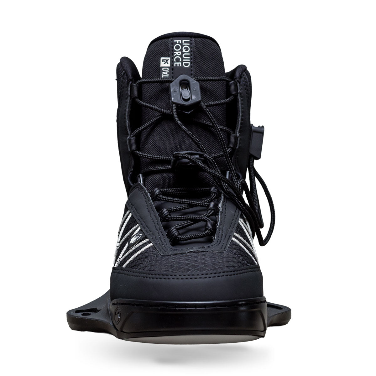 Front view of TAO 6X binding in black with laces and white stitching detail.