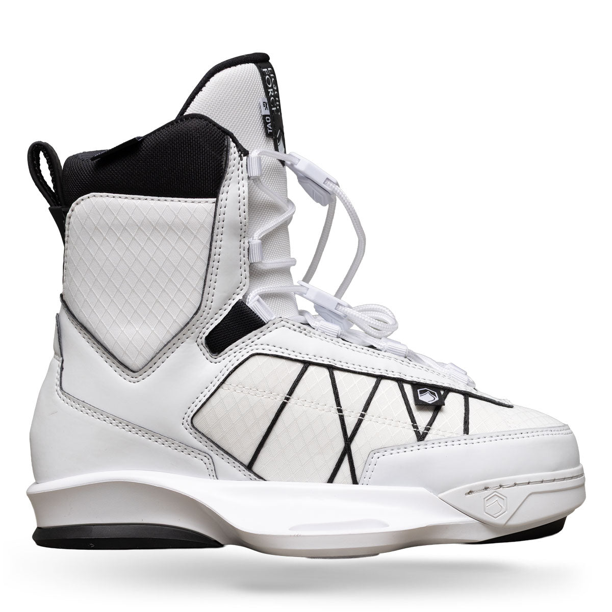 Side view of TAO 6X binding in white with quilted panels and black accent stitching.