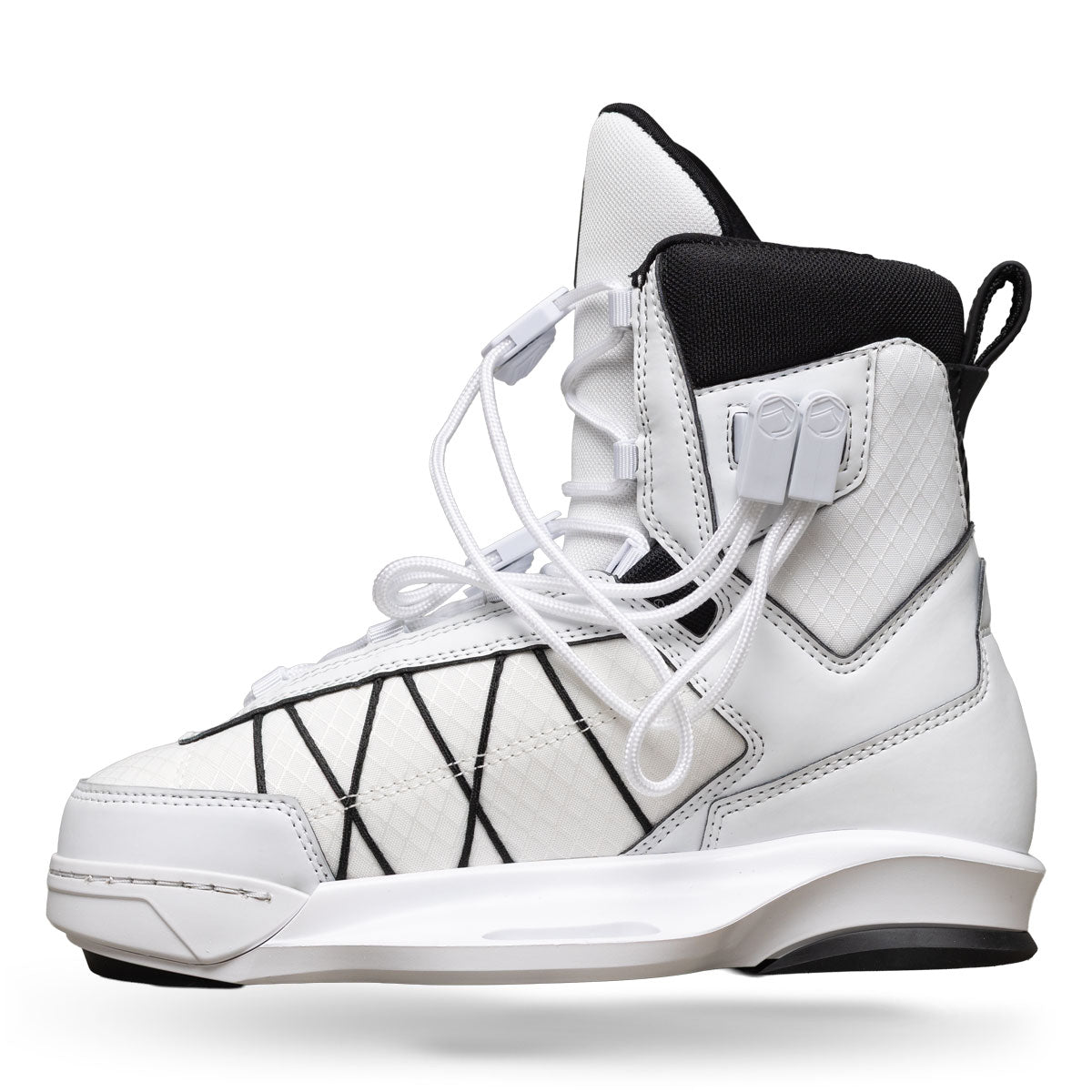 Side view of TAO 6X binding in white with quilted panels and black accent stitching.