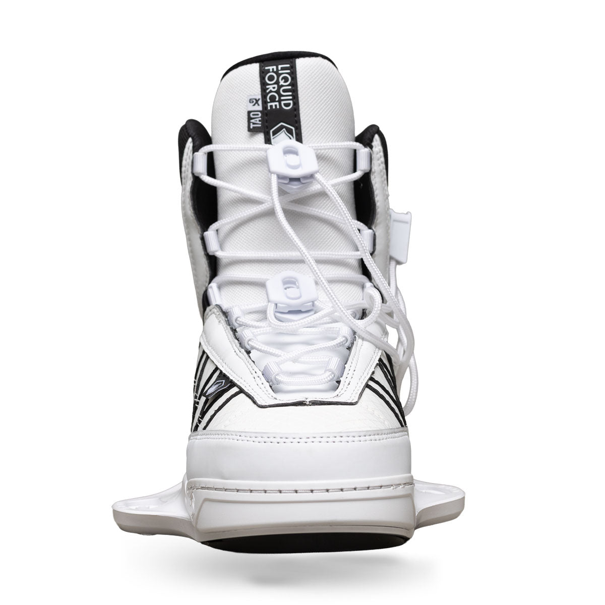 Front view of TAO 6X binding in white with laces and black stitching detail.