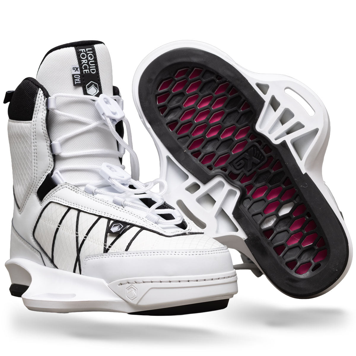 Angled view of TAO 6X binding in white with black sole and pink footbed detail.