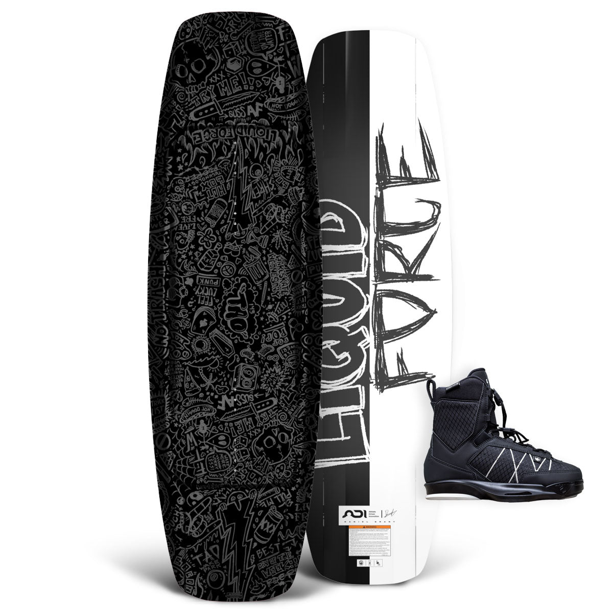 Top and base view of TAO wakeboard with black doodle art and black TAO 6X bindings.