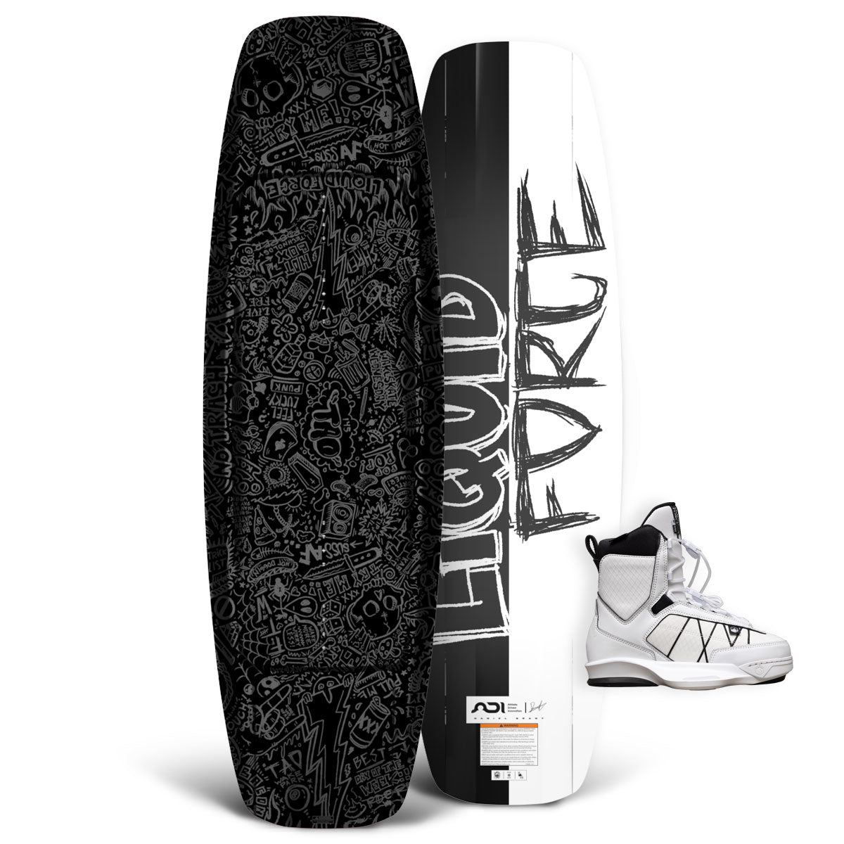 Top and base view of TAO wakeboard with black doodle art and white TAO 6X bindings with black accents.