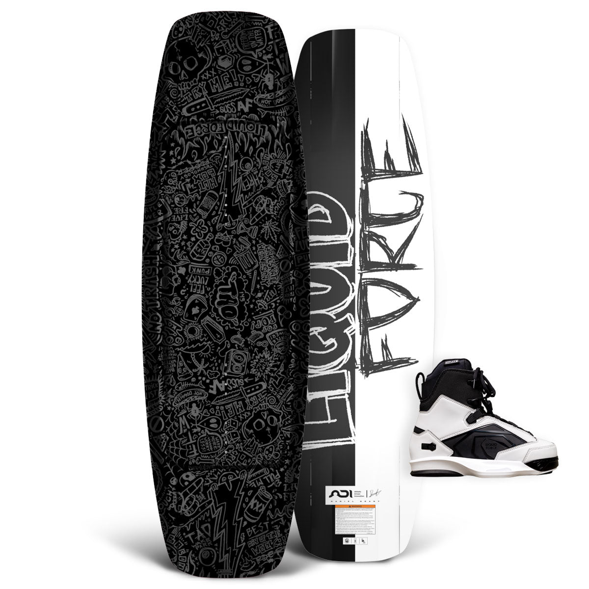 Top and base view of TAO wakeboard with black doodle art and black and white Terra 6X bindings.