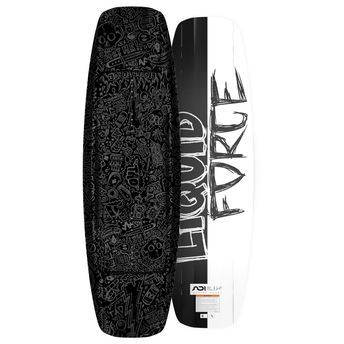 TAO wakeboard top and base view with black doodle pattern and bold white Liquid Force logo.