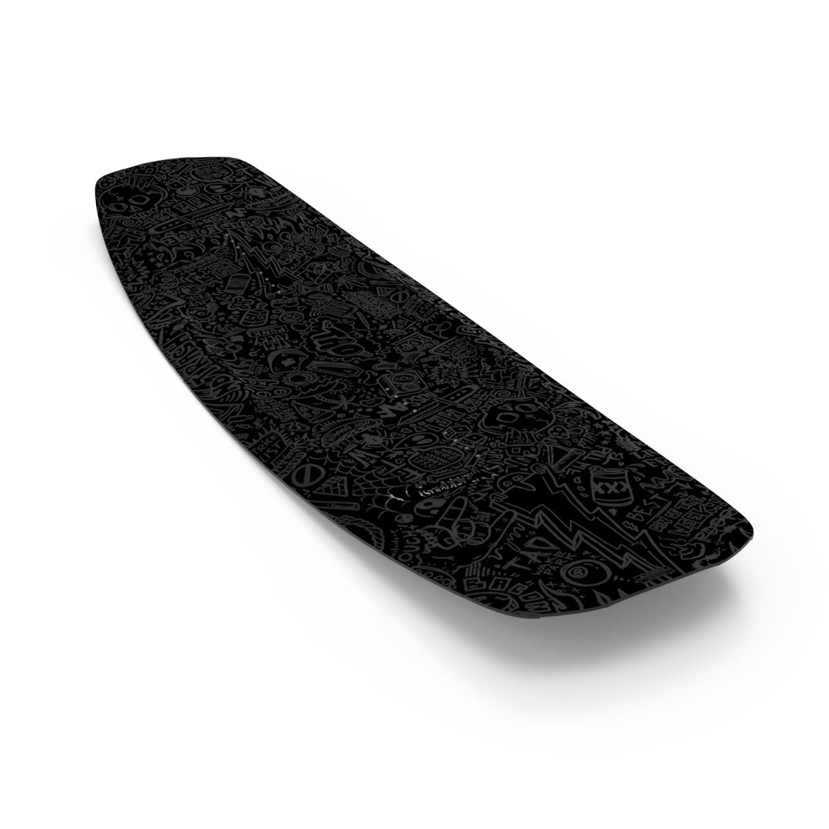Angled view of TAO wakeboard showing black doodle pattern graphic on the deck.
