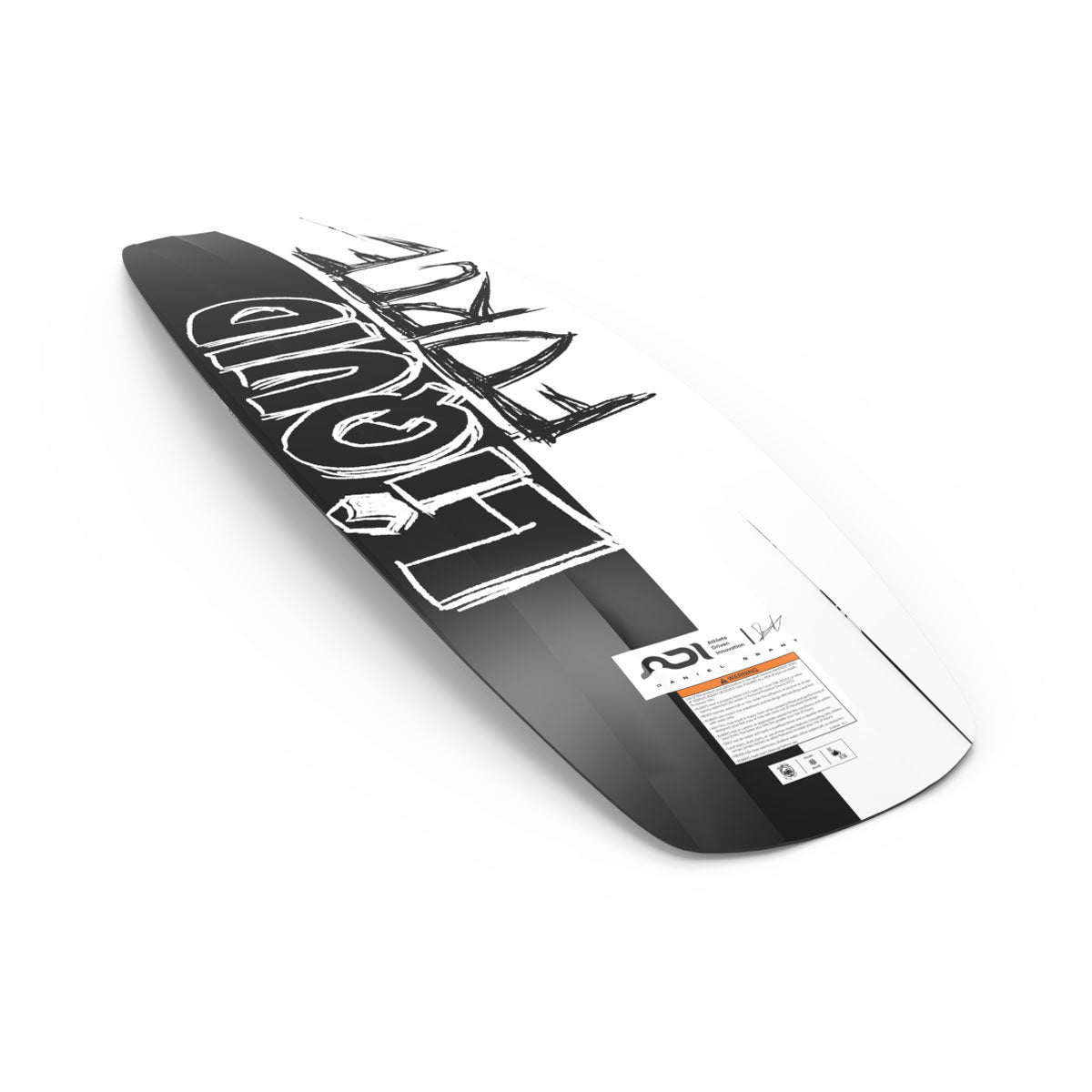Angled base view of TAO wakeboard with split black and white design and Liquid Force text.